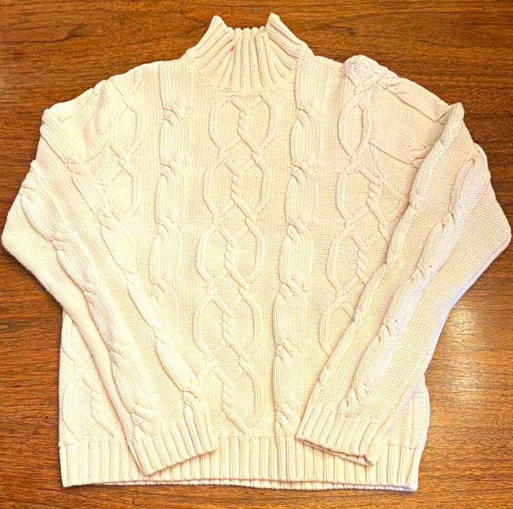 Chaps Ralph Lauren Women Cream Cable Knit Mock Sweater Fisherman VNTG Preppy M